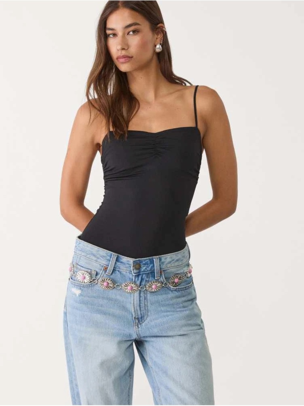 Stradivarius Black Strappy Bodysuit with Gathers